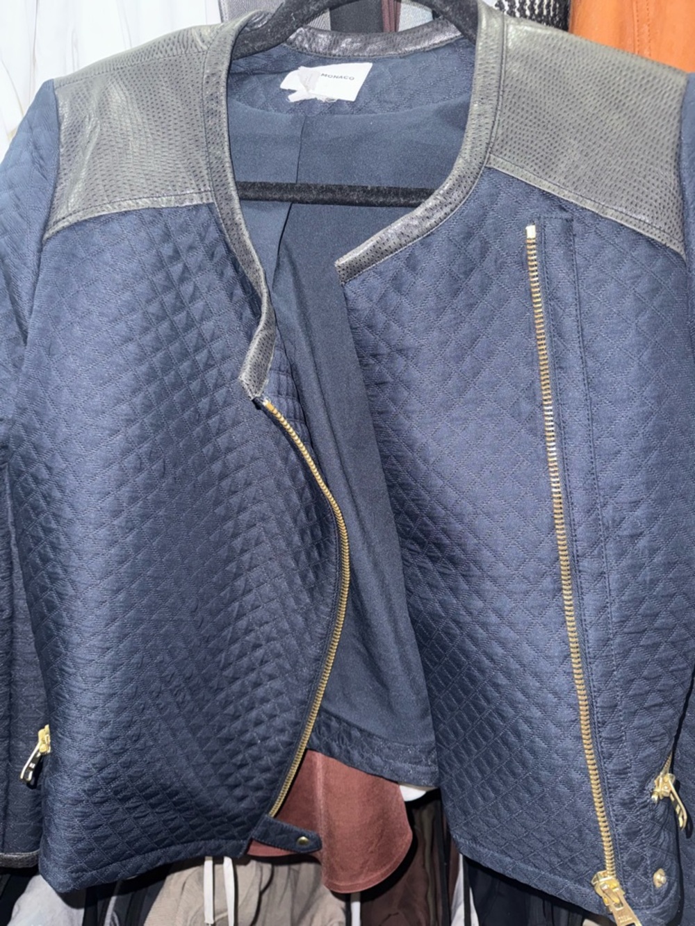 Club Monaco Navy Quilted Bomber Jacket with Black Leather Trim
